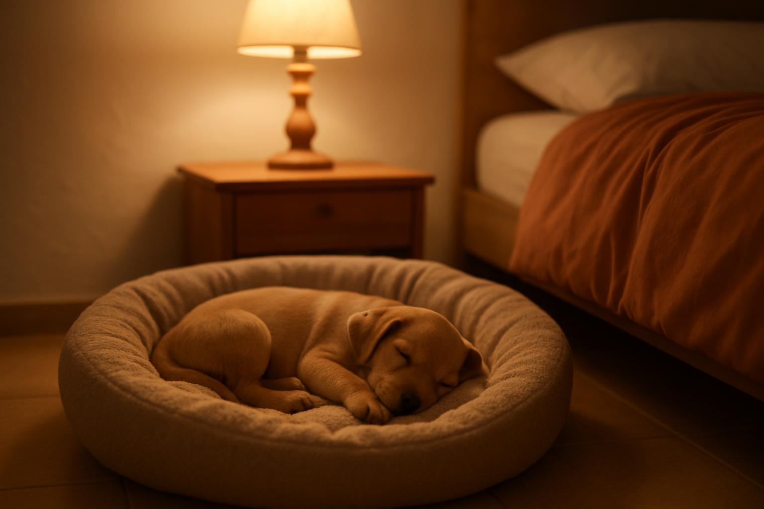 Un cucciolo dorme nella sua cuccia accanto al letto, con la luce calda della sera