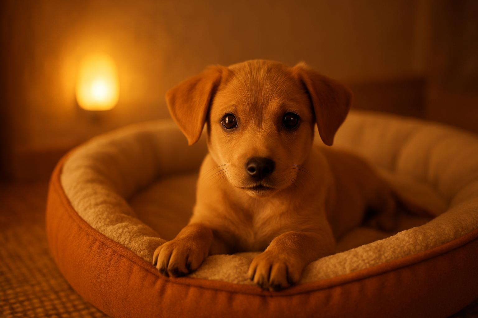 Un cucciolo sveglio di notte nella sua cuccia, alla luce calda di una lucina